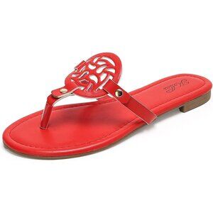Women's Red Flip Flop Comfortable Faux Leather Flat Sandals Shoes